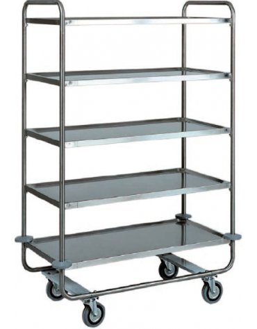 Carrello di servizio in acciaio inox con 5 piani stampati in forma di vassoio - cm 110x70x160h - Portata kg 150