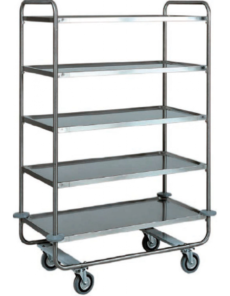 Carrello di servizio in acciaio inox con 5 piani stampati in forma di vassoio - cm 110x70x160h - Portata kg 150