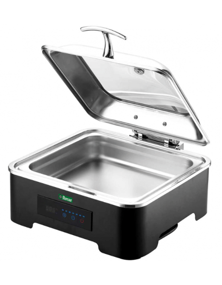 Chafing dish GN1/1 rettangolare con coperchio in vetro - Regolazione della temperatura da 40 a 95°C - cm 58x42x23h