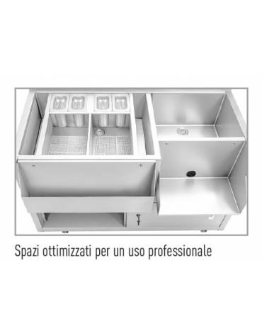 BANCO POSTAZIONE COCKTAIL STATION PER BAR IN ACCIAIO INOX AISI 304 - CON VASCA GHIAGGIO -N° 4 RUOTE ( 2 CON FRENO ) - CM 125X70X