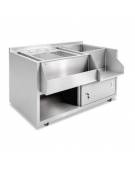 BANCO POSTAZIONE COCKTAIL STATION PER BAR IN ACCIAIO INOX AISI 304 - CON VASCA GHIAGGIO -N° 4 RUOTE ( 2 CON FRENO ) - CM 125X70X