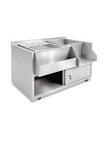 BANCO POSTAZIONE COCKTAIL STATION PER BAR IN ACCIAIO INOX AISI 304 - CON VASCA GHIAGGIO -N° 4 RUOTE ( 2 CON FRENO ) - CM 125X70X