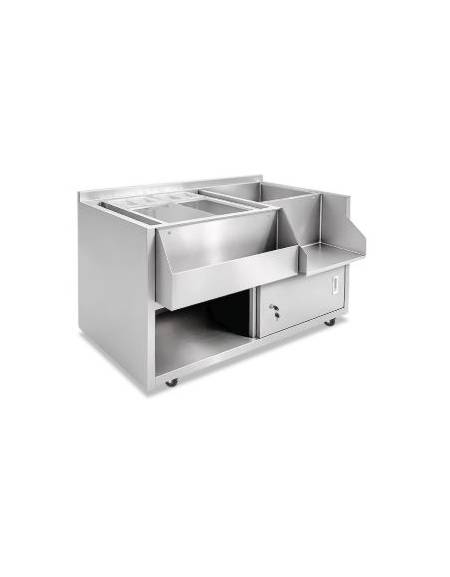 BANCO POSTAZIONE COCKTAIL STATION PER BAR IN ACCIAIO INOX AISI 304 - CON VASCA GHIAGGIO -N° 4 RUOTE ( 2 CON FRENO ) - CM 125X70X