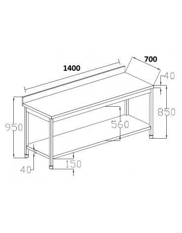 Tavolo da lavoro in acciaio inox AISI 304 con alzatina e ripiano inferiore - cm 140x70x95h