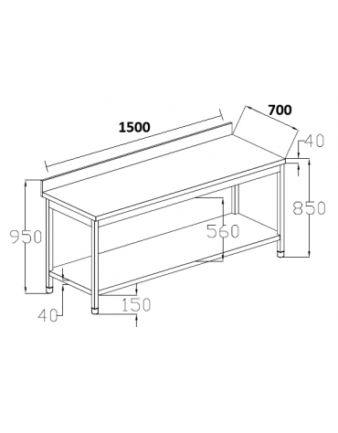 Tavolo da lavoro in acciaio inox AISI 304 con alzatina e ripiano inferiore - cm 150x70x95h