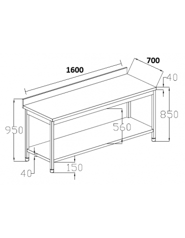 Tavolo da lavoro in acciaio inox AISI 304 con alzatina e ripiano inferiore - cm 160x70x95h