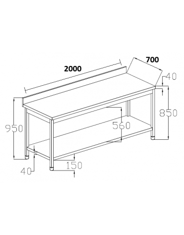 Tavolo da lavoro in acciaio inox AISI 304 con alzatina e ripiano inferiore - cm 200x70x95h