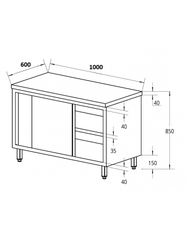 Tavolo da lavoro armadiato in acciaio inox AISI 304 con porte scorrevoli - Dimensioni cm 100x60x85h