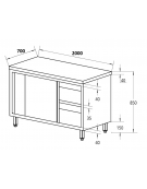 Tavolo da lavoro armadiato in acciaio inox con porte scorrevoli - piano lavoro in acciaio AISI 304 - cm 200x70x85h