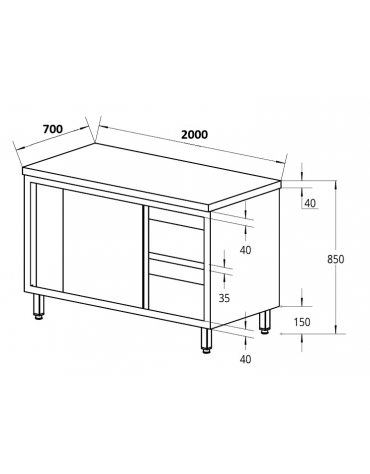 Tavolo da lavoro armadiato in acciaio inox con porte scorrevoli - piano lavoro in acciaio AISI 304 - cm 200x70x85h