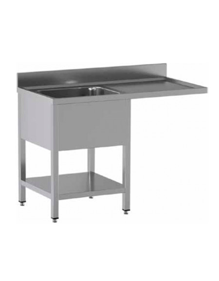 Lavello inox a sbalzo, 1 vasca con gocciolatoio a destra - piano e vasca in acciaio inox AISI 304 - cm 120x70x95h