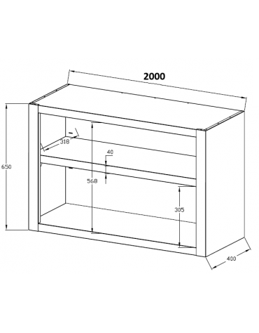 Pensile aperto a giorno realizzato in acciaio inox con 1 ripiano intermedio  - cm 200x40x65h