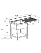 Lavello inox a sbalzo, 1 vasca con gocciolatoio a destra - piano e vasca in acciaio inox AISI 304 - cm 120x70x95h