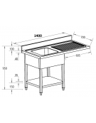 Lavello inox a sbalzo, 1 vasca con gocciolatoio a destra - piano e vasca in acciaio inox AISI 304 - cm 140x70x95h