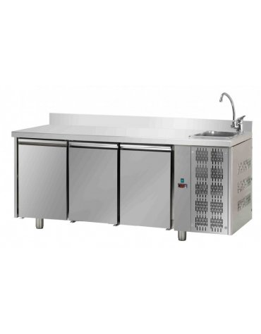 Tavolo Refrigerato, 3 porte, con alzatina, lavello,cm187x70x115h