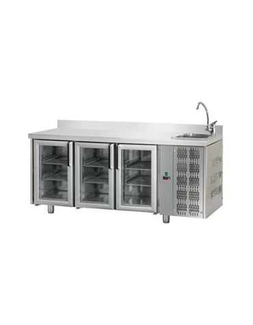 Tavolo Refrigerato GN 1/1 con 3 porte in vetro, 2 luci Neon, piano in Acciaio Inox con alzatina 100 mm e lavello  cm 187x70x115h