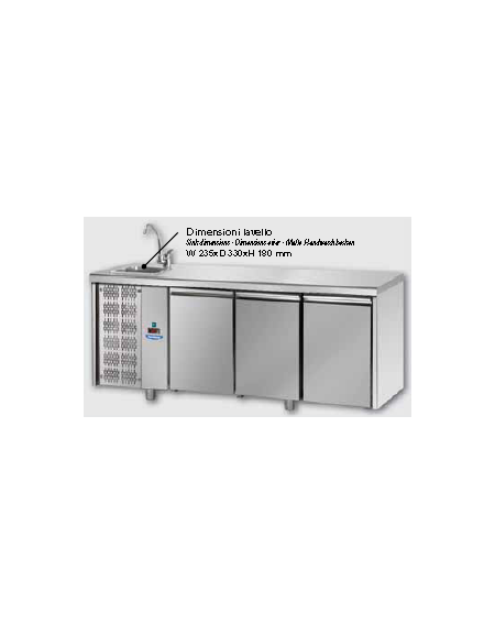 Tavolo Refrigerato GN 1/1 con 3 porte, piano con lavello e gruppo motore a sinistra cm 187x70x115h