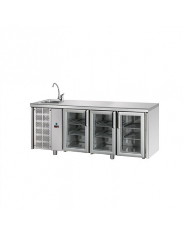 Tavolo Refrigerato GN 1/1 con 3 porte in vetro, 2 luci Neon, piano con lavello e gruppo motore a sinistra cm 187x70x115h