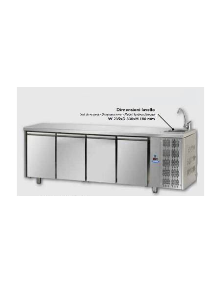 Tavolo Refrigerato GN 1/1 con 4 porte e piano con lavello cm 232x70x115 h