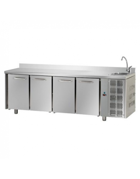 Tavolo Refrigerato GN 1/1 con 4 porte e piano in Acciaio Inox con alzatina 100 mm e lavello  cm 232x70x115h