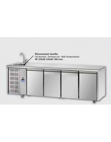 Tavolo Refrigerato GN 1/1 con 4 porte, piano con lavello e gruppo motore a sinistra cm 232x70x115h