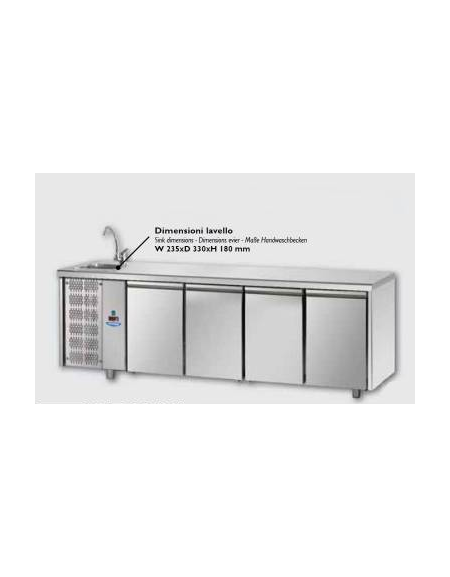 Tavolo Refrigerato GN 1/1 con 4 porte, piano con lavello e gruppo motore a sinistra cm 232x70x115h