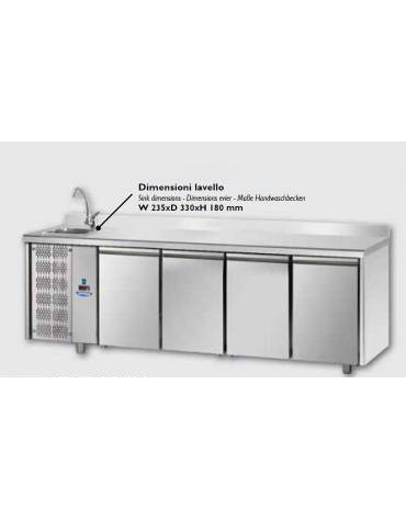 Tavolo Refrigerato GN 1/1 con 4 porte, piano in Acciaio Inox con alzatina 100 mm e lavello, con gruppo motore a sinistra cm 232x