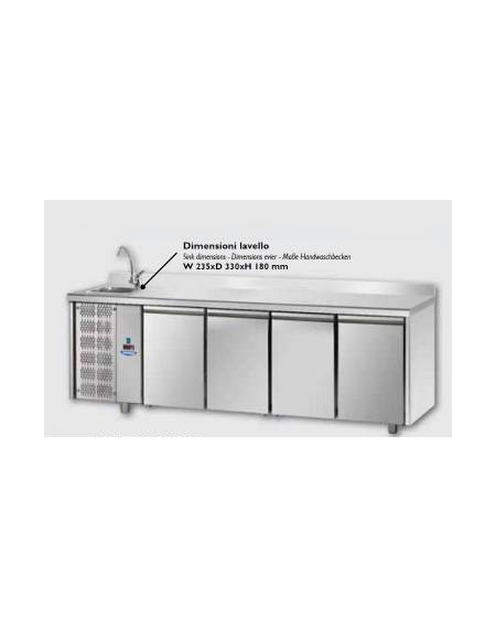 Tavolo Refrigerato GN 1/1 con 4 porte, piano in Acciaio Inox con alzatina 100 mm e lavello, con gruppo motore a sinistra cm 232x