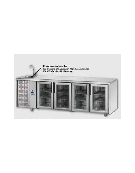 Tavolo Refrigerato GN 1/1 con 4 porte in vetro, 3 luci Neon, piano con lavello e gruppo motore a sinistra 232x70x115h Tavolo Refrigerato GN 1/1 con 4 porte in vetro, 3 luci Neon, piano con lavello e gruppo motore a sinistra 232x70x115h