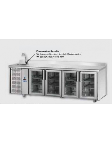 Tavolo Refrigerato GN 1/1 con 4 porte in vetro, 3 luci Neon, piano in Acciaio Inox con alzatina 100 mm e lavello, con gruppo mot