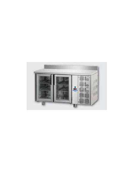 Tavolo Refrigerato GN 1/1 con 2 porte in vetro, una luce Neon e piano in Acciaio Inox con alzatina 100 mm cm 142x70x95h Tavolo Refrigerato GN 1/1 con 2 porte in vetro, una luce Neon e piano in Acciaio Inox con alzatina 100 mm cm 142x70x95h