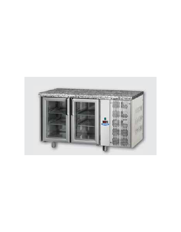 Tavolo Refrigerato GN 1/1 con 2 porte in vetro, una luce Neon e piano di lavoro in Granito cm 143x70x85h