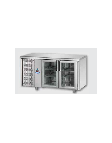 Tavolo Refrigerato GN 1/1 con 2 porte in vetro, una luce Neon e gruppo motore a sinistra cm 142x70x85h