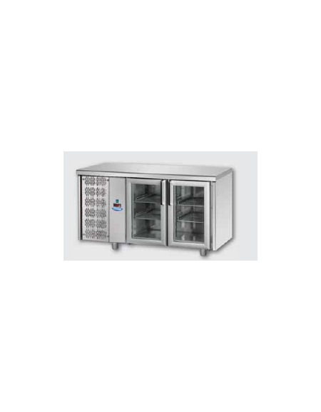 Tavolo Refrigerato GN 1/1 con 2 porte in vetro, una luce Neon e gruppo motore a sinistra cm 142x70x85h