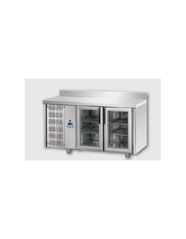 Tavolo Refrigerato GN 1/1 con 2 porte in vetro, una luce Neon, piano in Acciaio Inox con alzatina 100 mm e gruppo motore a sinis