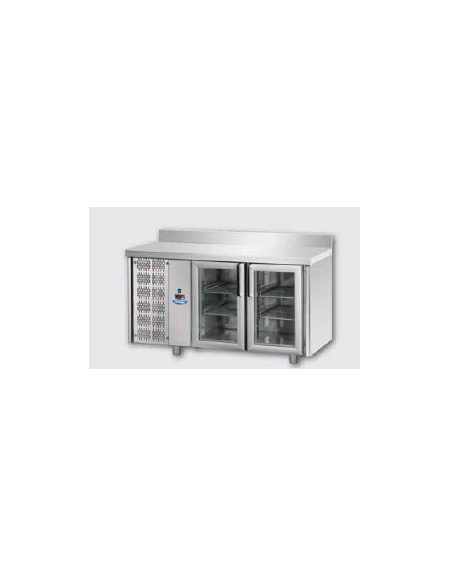 Tavolo Refrigerato GN 1/1 con 2 porte in vetro, una luce Neon, piano in Acciaio Inox con alzatina 100 mm e gruppo motore a sinis
