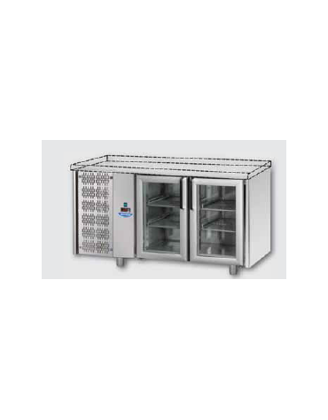 Tavolo Refrigerato GN 1/1 con 2 porte in vetro, una luce Neon, senza piano di lavoro e gruppo motore a sinistra cm 142x70x80h