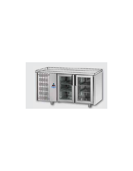 Tavolo Refrigerato GN 1/1 con 2 porte in vetro, una luce Neon, senza piano di lavoro e gruppo motore a sinistra cm 142x70x80h