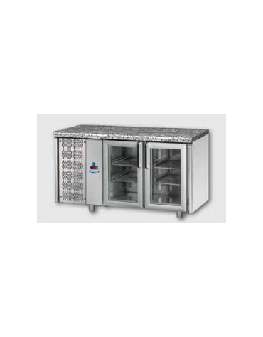 Tavolo Refrigerato GN 1/1 con 2 porte in vetro, una luce Neon, piano di lavoro in Granito e gruppo motore a sinistra cm 143x70x8