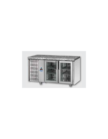 Tavolo Refrigerato GN 1/1 con 2 porte in vetro, una luce Neon, piano di lavoro in Granito e gruppo motore a sinistra cm 143x70x8