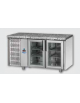 Tavolo Refrigerato GN 1/1 con 2 porte in vetro, una luce Neon, piano di lavoro in Granito e gruppo motore a sinistra cm 143x70x8