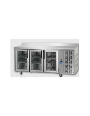 Tavolo Refrigerato GN 1/1 con 3 porte in vetro, 2 luci Neon e piano in Acciaio Inox con alzatina 100 mm cm 187x70x95h