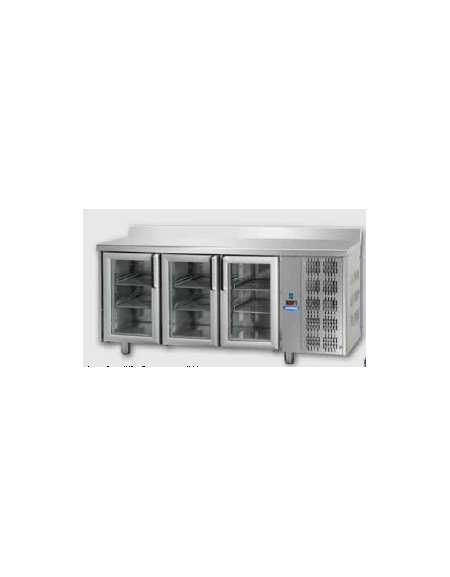 Tavolo Refrigerato GN 1/1 con 3 porte in vetro, 2 luci Neon e piano in Acciaio Inox con alzatina 100 mm cm 187x70x95h