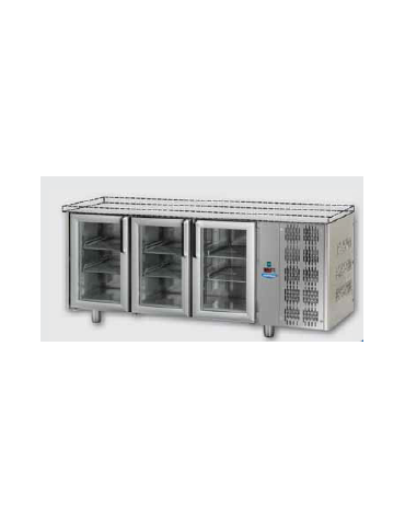 Tavolo Refrigerato GN 1/1 con 3 porte in vetro, 2 luci Neon, senza piano di lavoro cm 187x70x80h