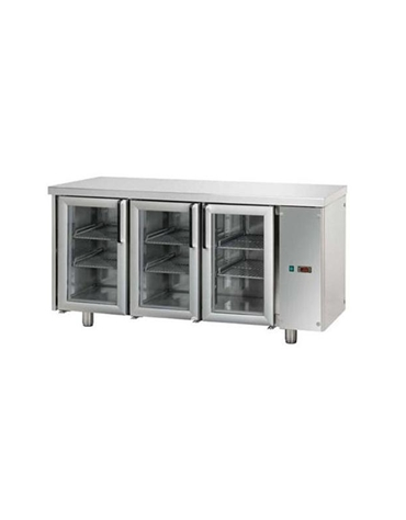 Tavolo Refrigerato GN 1/1 con 3 porte in vetro, 2 luci Neon, predisposto per unità frigorifera remota cm 165x70x85h