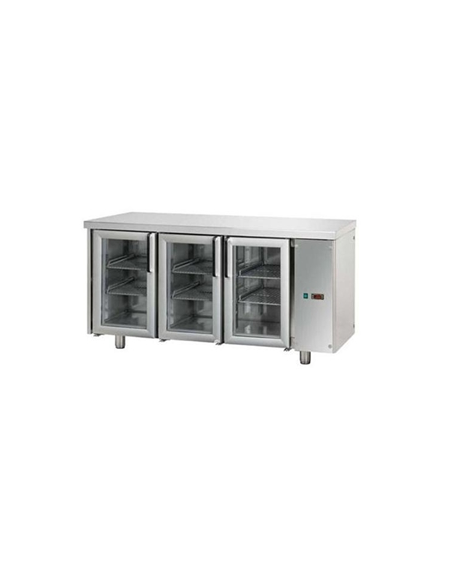 Tavolo Refrigerato GN 1/1 con 3 porte in vetro, 2 luci Neon, predisposto per unità frigorifera remota cm 165x70x85h