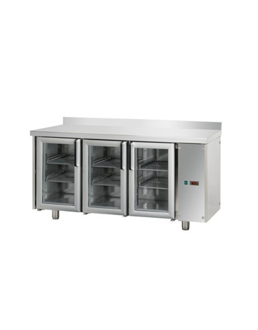 Tavolo Refrigerato, 3 porte in vetro, 2 luci Neon, con alzatina 100 mm, predisposto per unità frigorifera remota cm 165x70x95h