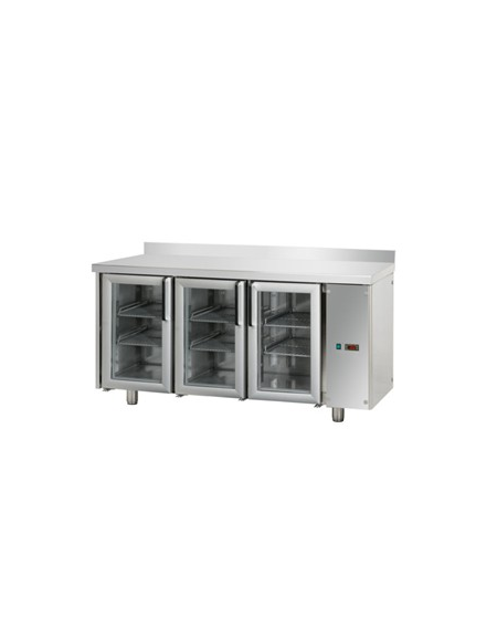 Tavolo Refrigerato, 3 porte in vetro, 2 luci Neon, con alzatina 100 mm, predisposto per unità frigorifera remota cm 165x70x95h