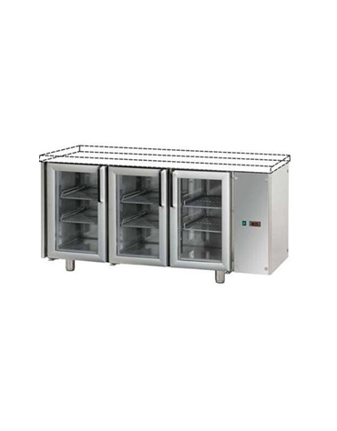 Tavolo Refrigerato GN 1/1 con 3 porte in vetro, 2 luci Neon, senza piano di lavoro, predisposto per unità frigorifera remota cm 