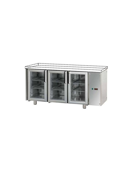 Tavolo Refrigerato GN 1/1 con 3 porte in vetro, 2 luci Neon, senza piano di lavoro, predisposto per unità frigorifera remota cm 